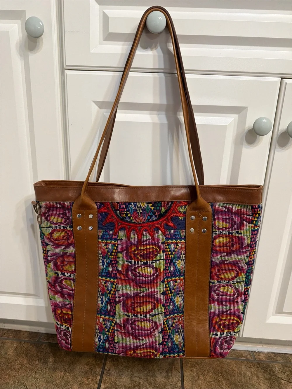 Handmade Guatemalan Fabric And Leather Tote Shoulder Nena Huipil - Picture 4 of 12